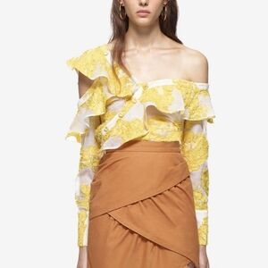Self-Portrait Yellow Floral Embroidered Mesh Ruffled Top